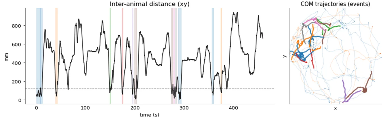 Inter-animal distance over time with detected social events and COM trajectories